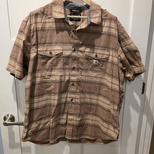 CARHARTT MENS RELAXED FIT RUGGED FLEX BROWN STRIPED BUTTON UP SHIRT 2XL